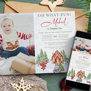 Sjabloon eerste verjaardagsuitnodiging kerst, 1e verjaardagskaart uitnodiging, bewerkbare en afdrukbare Evite, GRATIS bedanktag, digitale download