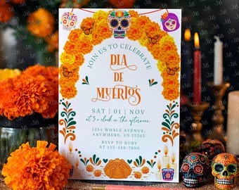 Day of the Dead Invitation Template, Editable & Printable Día de Muertos Invite, Mexican Sugar Skulls + Cempasúchil Evite, Digital Download