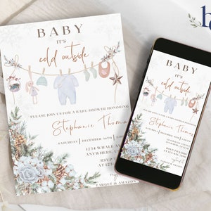 Weihnachten-Babyparty-Einladungsvorlage, blaue Babykleidung-Dusche einladen, bearbeitbare und druckbare Babykleidung-Dusche, digitaler Download