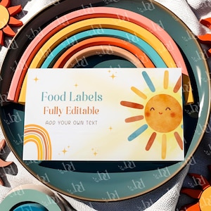 Little Sunshine Food Labels template, Editable & Printable Sunshine Name Labels, Sun themed Birthday Place Card, 2 sizes, Digital Download
