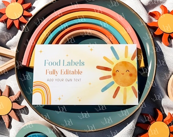 Little Sunshine Food Labels template, Editable & Printable Sunshine Name Labels, Sun themed Birthday Place Card, 2 sizes, Digital Download