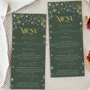 Szablon karty menu świątecznego, szablon menu ze złotymi płatkami śniegu, zielone materiały do wydrukowania i edycji na imprezę świąteczną, pobieranie cyfrowe