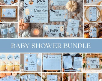 Little Boo Baby Shower Bundle templates, Halloween Invitation Package, Blue, Digital Download