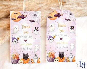 May include: Purple and white thank you tags with a Halloween theme. The tags feature cute ghosts, bats, and a black cat. The text reads "Thank You for Coming! Love, Olivia 12 10 2023".