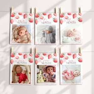 Berry First Year Photos templates, Printable & Editable Strawberry 1st Birthday Monthly Photo Banner, First Birthday decor, Digital Download