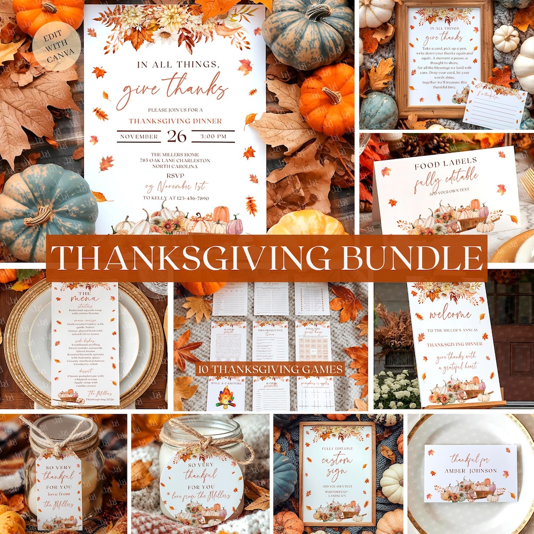 Thanksgiving Dinner Party Bundle, Rustic Fall Leaves Invitation, Menu ...