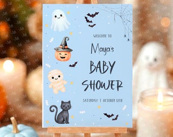 Little Boo Baby Shower Welcome Sign templates, Halloween Welcome Poster, Blue, Digital Download