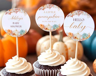 Little Pumpkin Cupcake Toppers Template, Printable & Editable Autumn Baby Shower Cupcake Toppers, Fall Baby Shower Decor, Digital Download