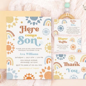 Plantillas de invitación para baby shower Aquí viene el hijo, paquete de baby shower de verano para niño editable e imprimible, descarga digital en formato PDF