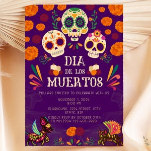 Modèle d'Invitation le jour des morts, Día de los Muertos, Invitation modifiable et imprimable, crânes de sucre + Cempasúchil, téléchargement numérique