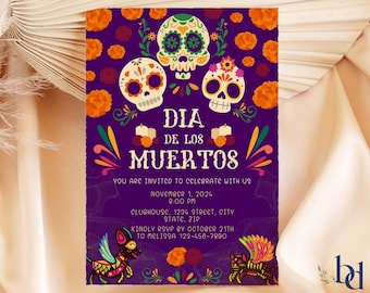 Day of the Dead Invitation Template, Día de los Muertos Invite, Editable & Printable Invitation Sugar Skulls + Cempasúchil, Digital Download