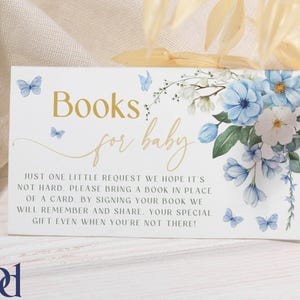 Blauwe baby in bloei-boeken voor baby-kaartsjabloon, bewerkbare en afdrukbare boekverzoekkaart, bloemen babyshowergames, 2 maten, digitale download