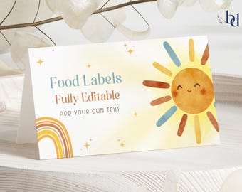 First Birthday Food Labels template, First Trip Around The Sun Place Card, Editable & Printable Sun Name Labels, 2 sizes, Digital Download