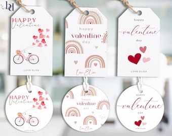 Könnte beinhalten: Sechs Valentinstag-Geschenk-Etiketten mit verschiedenen Designs. Die Etiketten sind weiß mit roten, rosa und braunen Akzenten. Der Text auf den Etiketten lautet "Happy Valentine", "Happy Valentine Day" und "Love Elisa".