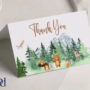 Woodland Thank you Card Template, Baby Boy Shower Greeting Card, Editable & Printable Woodland Cute Creatures Folded Card, Digital Download