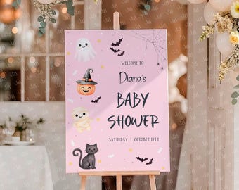 Little Boo Baby Shower Welcome Sign templates, Halloween Welcome Poster, Pink, Digital Download