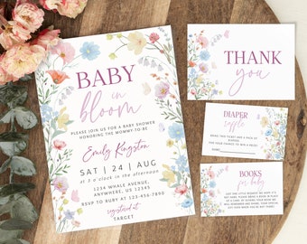 Baby in bloei babyshower uitnodiging set sjabloon, wilde bloemen babyshower meisje uitnodigingsset, bewerkbaar en afdrukbaar pakket, digitale download