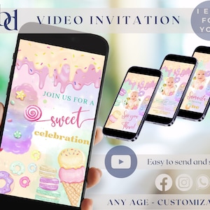 Candy Land Birthday Video Invitation, Sweet Birthday Celebration Animated Invite, Ice Cream Birthday Mobile Invite, Custom Info + Any Age