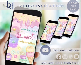 Op de afbeelding: Een digitale video-uitnodiging voor een verjaardagsfeest met een zoet thema. De uitnodiging bevat een kleurrijke illustratie van ijs, donuts en snoep. De tekst op de uitnodiging luidt "Doe mee met ons voor een zoete viering".