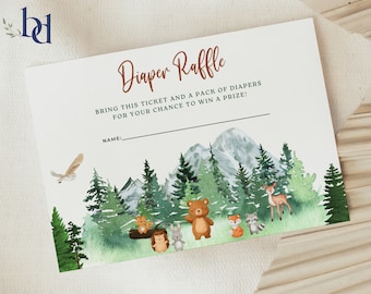May include: A white card with brown text that says "Diaper Raffle". Bring this ticket and a pack of diapers for your chance to win a prize!  There is a line for a name. The card has a watercolor illustration of a forest with a mountain in the background. There are animals in the forest including a deer, a bear, a fox, a raccoon, a rabbit, a hedgehog, and an owl.