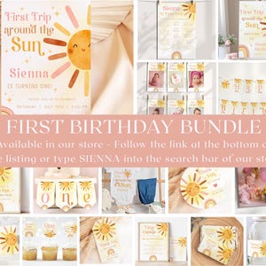 May include: First birthday party decorations with a sun and rainbow theme. The decorations include a banner, cupcake toppers, water bottle labels, a sign, and a thank you card. The colours are yellow, orange, pink, and white.
