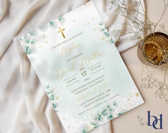 May include: A light blue baptism invitation with gold lettering and a watercolor background. The invitation features a cross, eucalyptus leaves, and the text "Please join us for the Baptism of our son Daoud Matthew, Saturday, August 17, 2023 at 10 AM, Saint Maria Grand Church, Springhill 2567 Georgia, celebration to follow, Lilac Garden Cafe at 1 PM, Palmetto, Georgia 2568, RSVP to Sandra 123-456789".