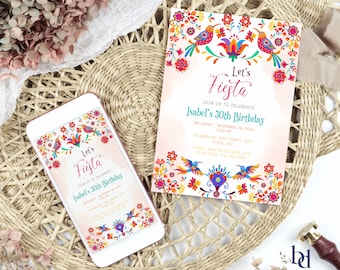 Puede incluir: Una invitación digital e impresa para una fiesta de cumpleaños número 30 con un diseño colorido de arte popular mexicano. La invitación dice "Let's Fiesta" e incluye la fecha, la hora y el lugar de la fiesta.