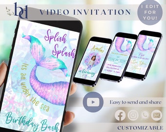 May include: A digital video invitation for a birthday party with a mermaid tail and the text "Splish Splash It's an under the sea Birthday Bash".