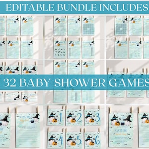 Peut inclure: Un ensemble de 32 jeux de baby shower d'Halloween imprimables sur le th&egrave;me de la sorci&egrave;re et de la citrouille. Les jeux sont modifiables et comprennent une vari&eacute;t&eacute; d'activit&eacute;s telles que deviner la nourriture pour b&eacute;b&eacute;, le bingo pour b&eacute;b&eacute;, et plus encore.