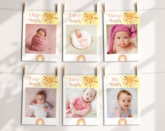 1st Year Photos template, First Trip Around The Sun Monthly Photo Banner, Sun 1st Birthday Girl decor Printable & Editable, Digital Download
