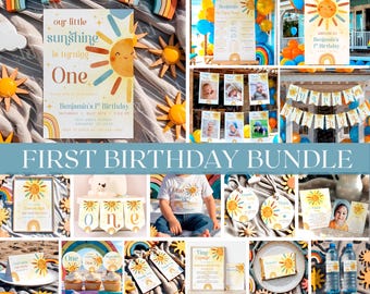 Our little sunshine Birthday Invitation Bundle, Printable & Editable Sun Themed Package, Blue Summer Party Supplies, Digital Download