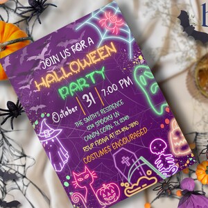Neon Halloween Party Einladung Vorlage, Halloween Party animierte Einladung, bearbeitbare & druckbare Kostümparty Evite, digitaler Download