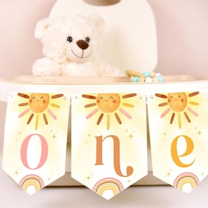 Sun 1st Birthday High Chair Banner template, Theme First Trip Around The Sun, Printable & Editable 1st Birthday Girl Decor, Digital download