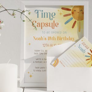 太陽を巡る最初の旅 タイムカプセル テンプレート、印刷可能でカスタム可能な男の子の誕生日用品、太陽をテーマにしたメッセージ カード、デジタル ダウンロード