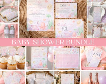 Sea you Soon Baby Shower Bundle template, Coastal Ocean Theme Package, Pink,  Digital Download