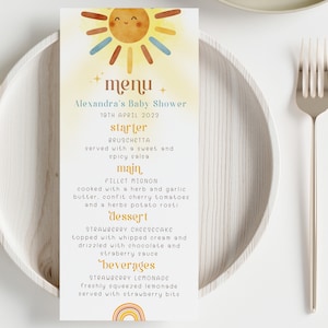 Baby shower, paquete, Aquí viene el hijo, tarjeta de menú, eres mi sol, invitación para baby shower, plantilla de menú, niño, obsequios para baby shower