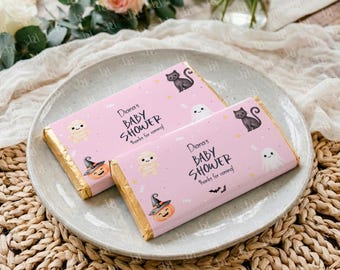Little Boo Baby Shower Chocolate Wrappers, Editable Halloween Party Favors, Pink (Digital Download)