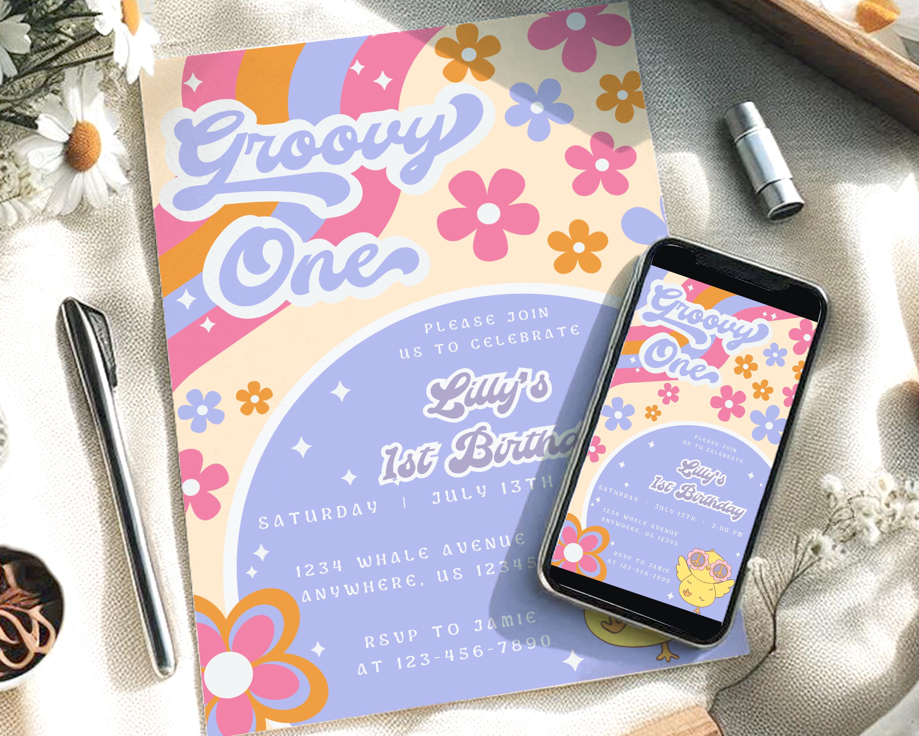 Invite Theme Groovy One Theme Invitation Template, Editable & Printable Hippie First ...