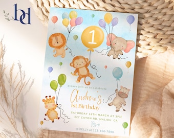 May include: A blue and white invitation with a watercolor background. The invitation features a yellow number one balloon with a monkey, lion, giraffe, zebra, and elephant holding onto balloons. The text reads "Please join us to celebrate Andrew's 1st Birthday, Saturday 16th March at 3pm, 327 Cayon Rd. Malibu, CA, R.S.V.P. to Kelly at 123-456-7890."