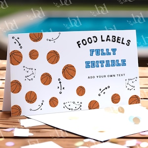 Modelo de etiquetas de comida para o primeiro aniversário de basquete, cartão de lugar para festa de aniversário esportiva editável e imprimível, etiquetas com nome de aniversário, download digital