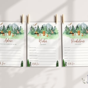 Woodland Creatures adviessjabloon, groen babyshower voorspellingen, afdrukbare en bewerkbare dieren wensen babyshower, digitale download