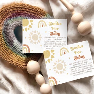 Boho Here Comes The Son Books For Baby-sjabloon, bewerkbare en afdrukbare boekverzoekkaart, zomerse babyshowergames, 2 maten, digitale download