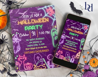 May include: A Halloween party invitation with a purple background and neon green and orange text. The invitation includes the text "Join us for a Halloween Party" and event details. A smartphone displays the same invitation.
