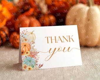Plantilla de tarjeta de agradecimiento de Calabaza pequeña, editable e imprimible, para baby shower de otoño, descarga digital.