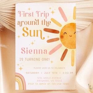Primer viaje alrededor del sol, niña, descarga digital, primer cumpleaños, tarjeta de cumpleaños, Canva, plantillas de invitación, eres mi sol