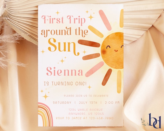 First Trip around the sun, baby girl, digital download, first birthday, birthday card, Canva, invitation templates, you are mi sunshine