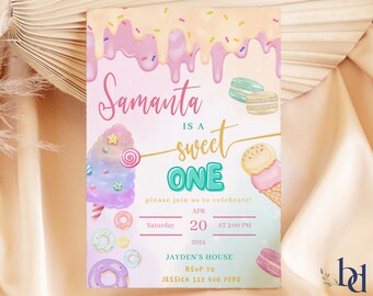 May include: A pink and blue birthday invitation with a sweet theme. The invitation says "Samanta is a sweet one" and includes a colourful cotton candy, ice cream cone, and macarons. The invitation is for a party on 20th April at 2:00 PM at Jayden's House. RSVP to Jessica at 123 456 7890.
