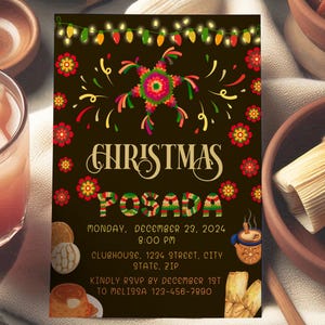 May include: A Christmas Posada invitation with a festive red and green design. The invitation includes the text "Christmas Posada", "Monday, December 23, 2024", "8:00 PM", "Clubhouse, 1234 Street, City State, Zip", "Kindly RSVP by December 1st to Melissa 123-456-7890".