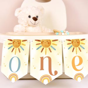 Sun 1st Birthday High Chair Banner template, Theme First Trip Around The Sun, Printable & Editable 1st Birthday Boy Decor, Digital download