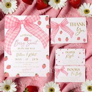 Beere süße Babypartyeinladung Set-Vorlage, Erdbeer-Sommer-Babyparty-Einladung, rosa Schleife, Kokette Babyparty-Set, digitaler Download
